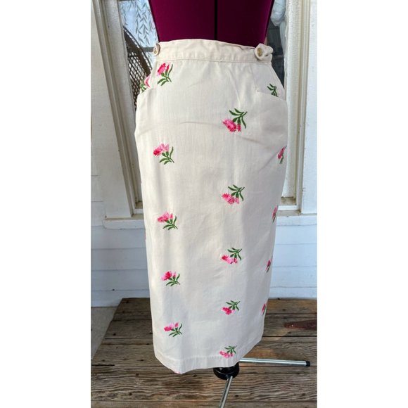 Vintage 1970s Cotton Wrap Skirt Embroidered Pink Flowers Sz M - Picture 11 of 12
